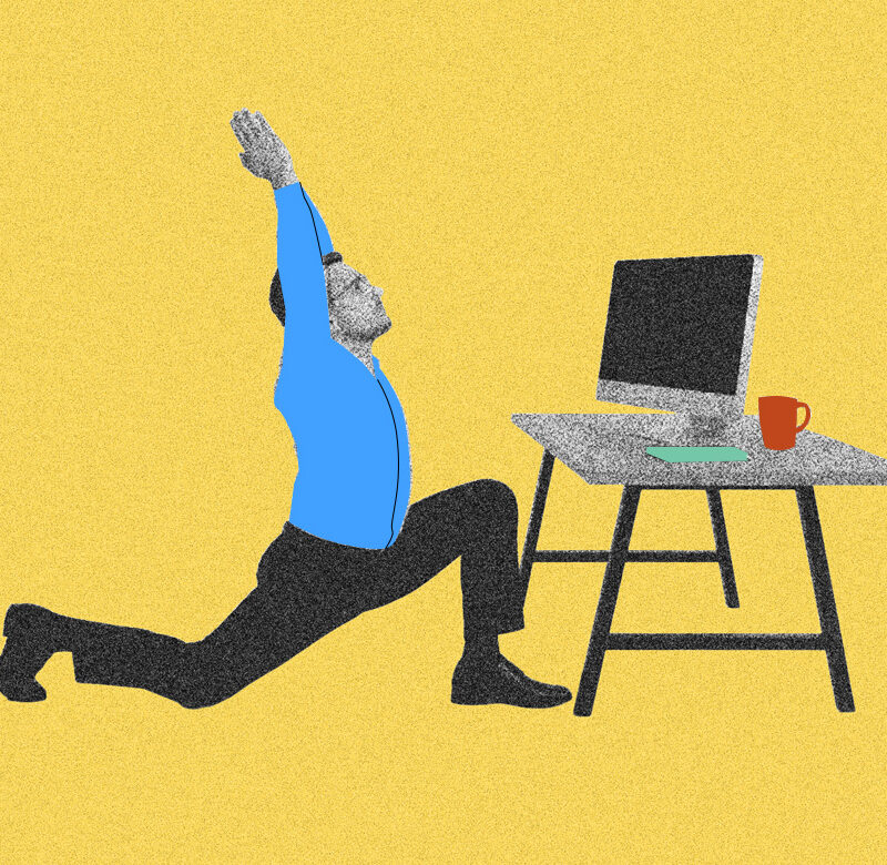 Akamai's FlexBase program gives people the ability to chose their work experience. The image shows a worker doing yoga in front of their computer to imply flexibility.