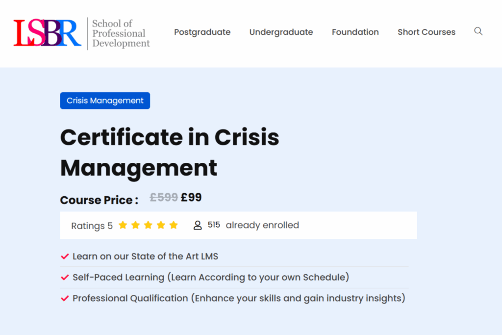 Certificate in Crisis Management by LSBR web page screenshot