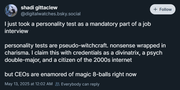 A post from blue sky highlights a person's distaste for personality testing.