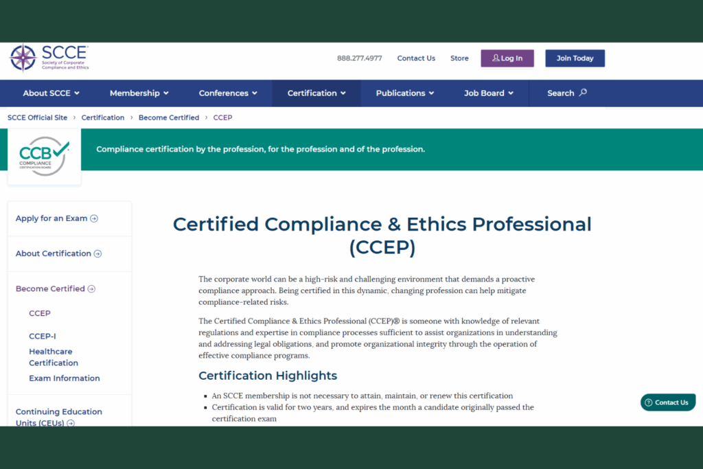 Screenshot of the landing page for the Certified Compliance & Ethics Professional Certification