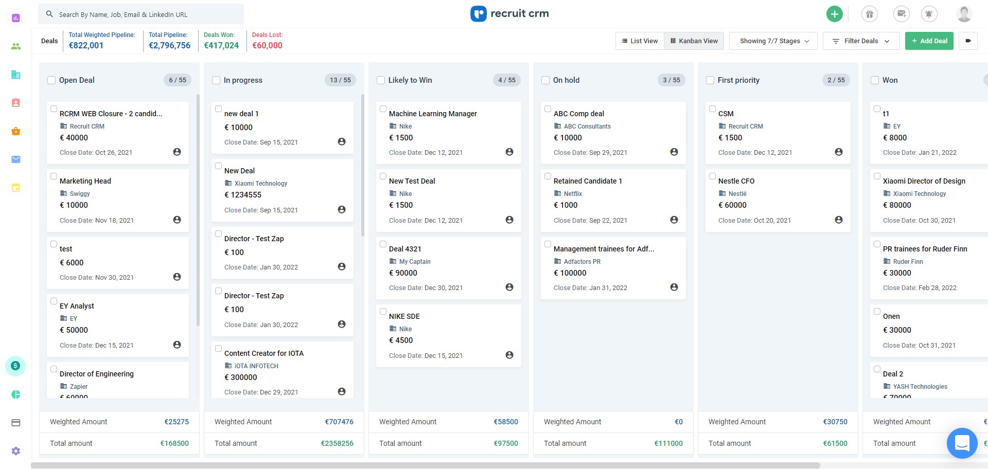 Review of Recruit CRM's dashboard screenshot.