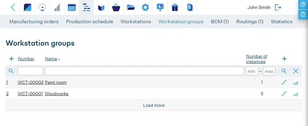 MRPeasy workstation groups screenshot