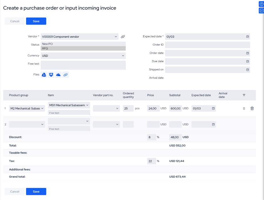 MRPeasy management and supplier tracking screenshot