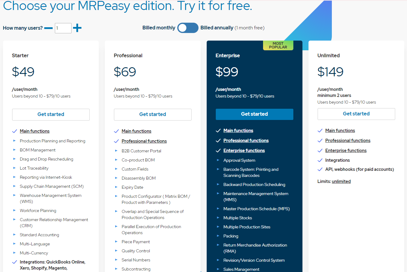 MRPeasy tiered pricing screenshot