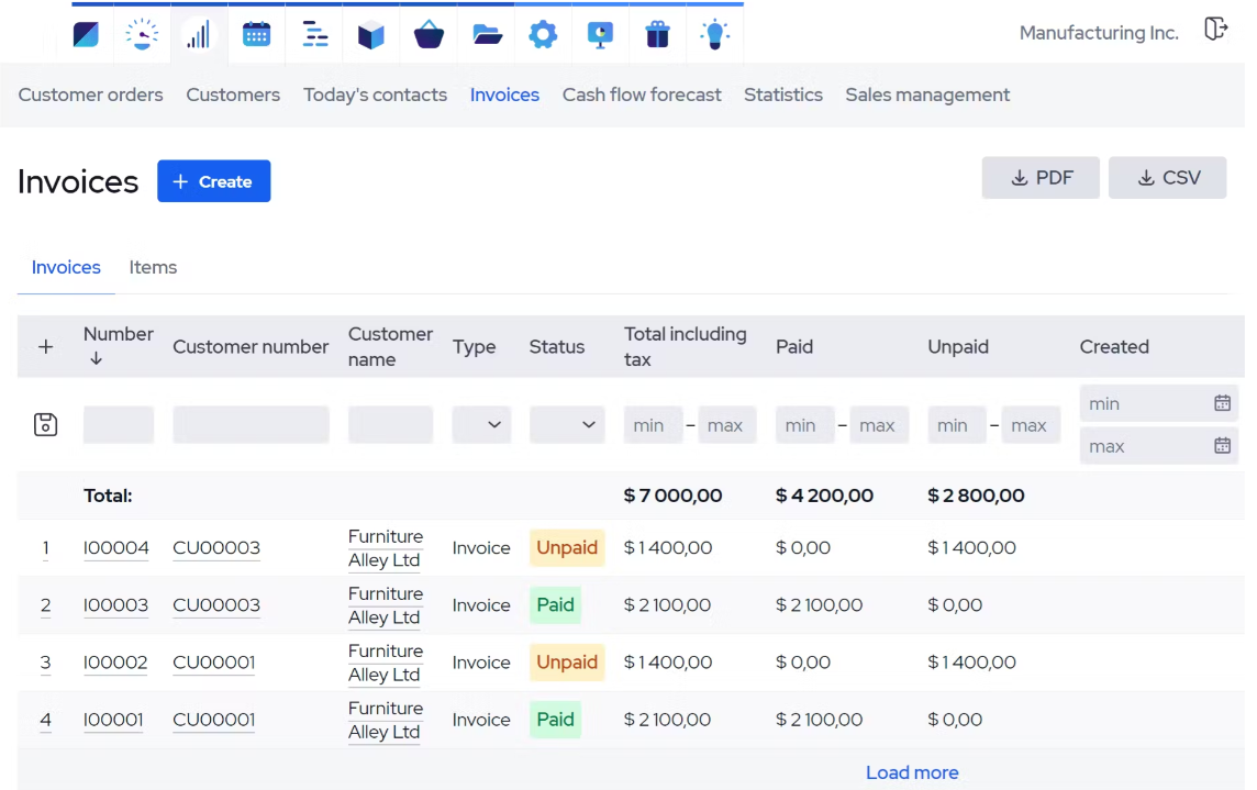 MRPeasy invoices screenshot