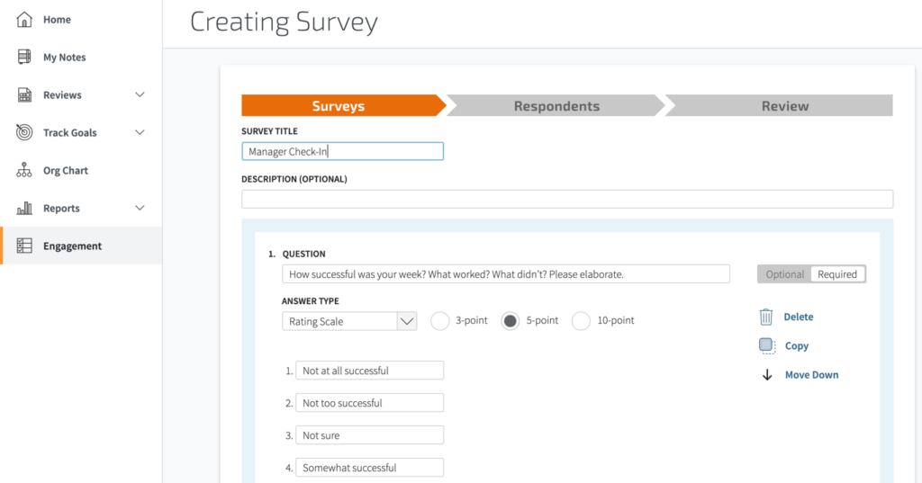 Review of Trakstar's performance check-in feature screenshot.