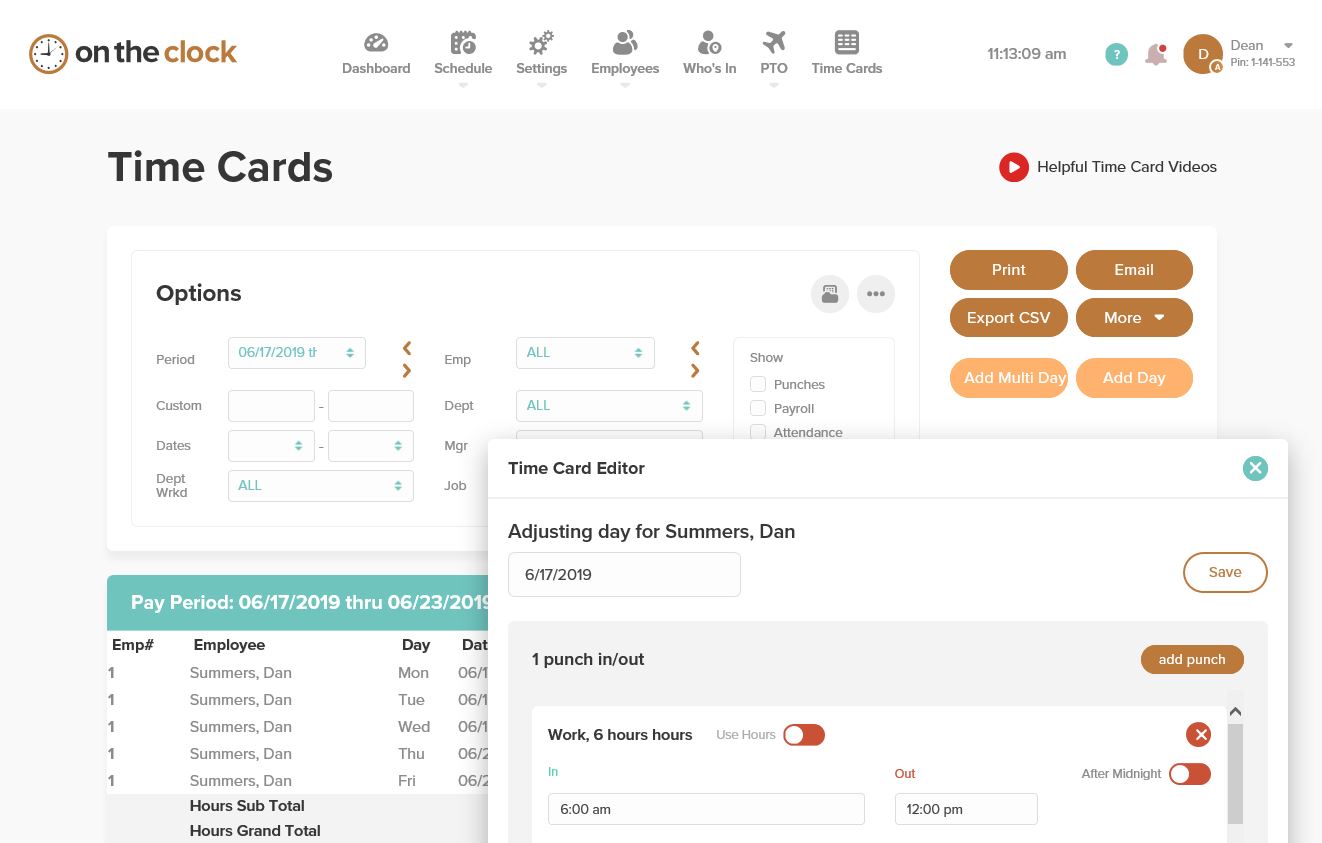 Review of OnTheClock's time cards feature screenshot.