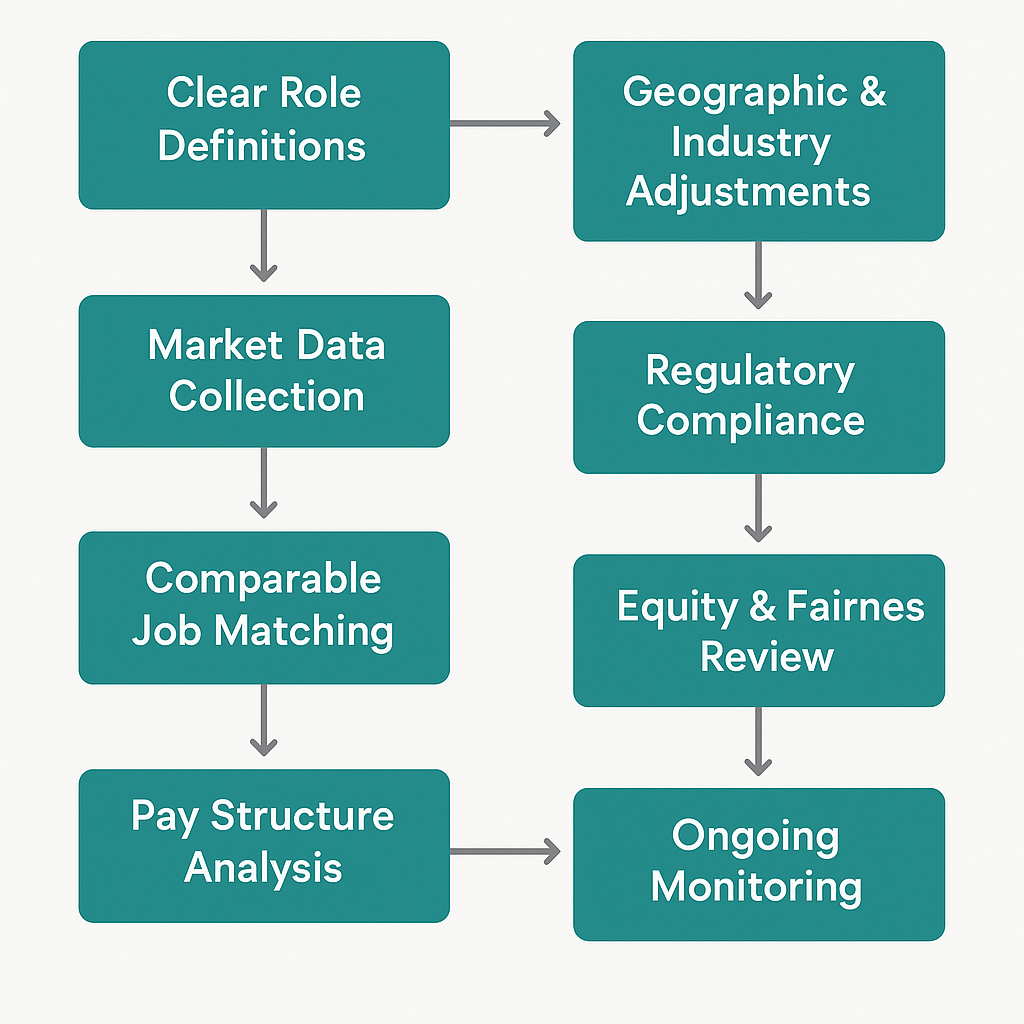 Flowchart showing 8 key elements of salary benchmarking, including role definitions, market data collection, job matching, pay structure analysis, geographic and industry adjustments, regulatory compliance, equity review, and ongoing monitoring.