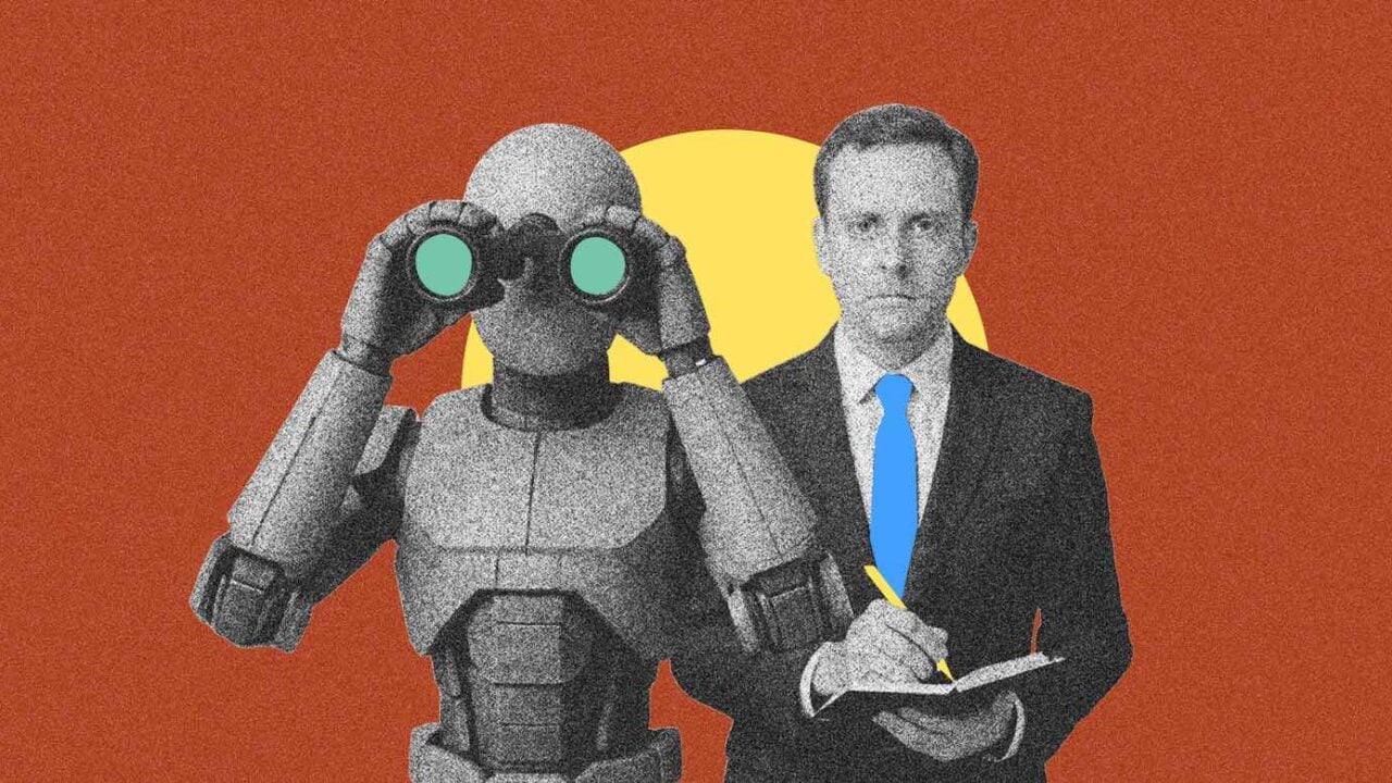 An AI in HR concept. A robot stands next to a man in search of something as the man takes notes.