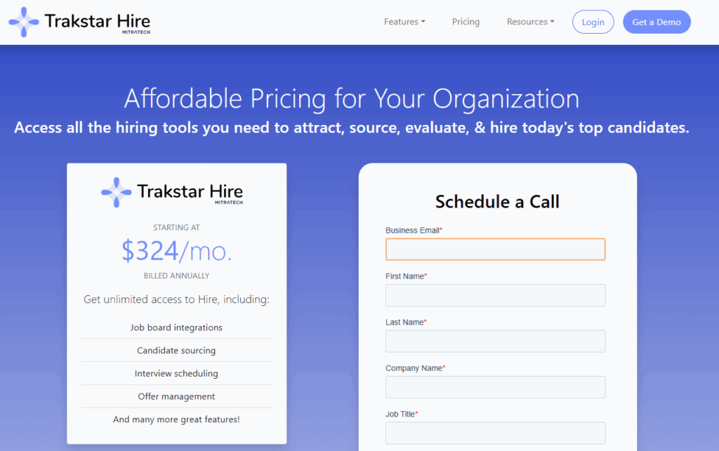 Trakstar Hire pricing details