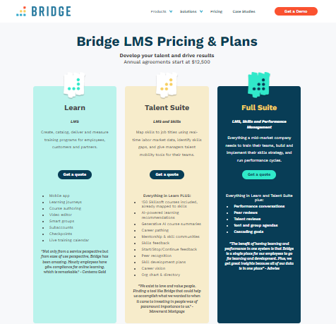 Bridge LMS pricing and plans screenshot