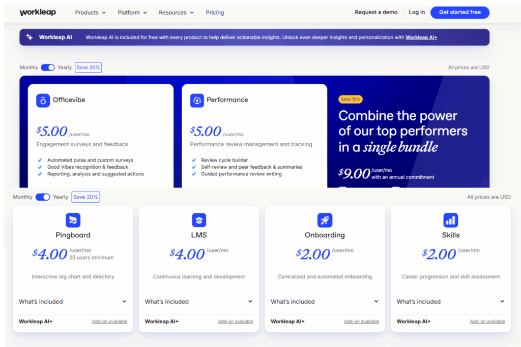 Officevibe pricing plan screenshot.