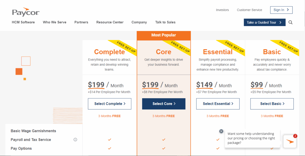 Paycor's pricing plan dashboard screenshot.