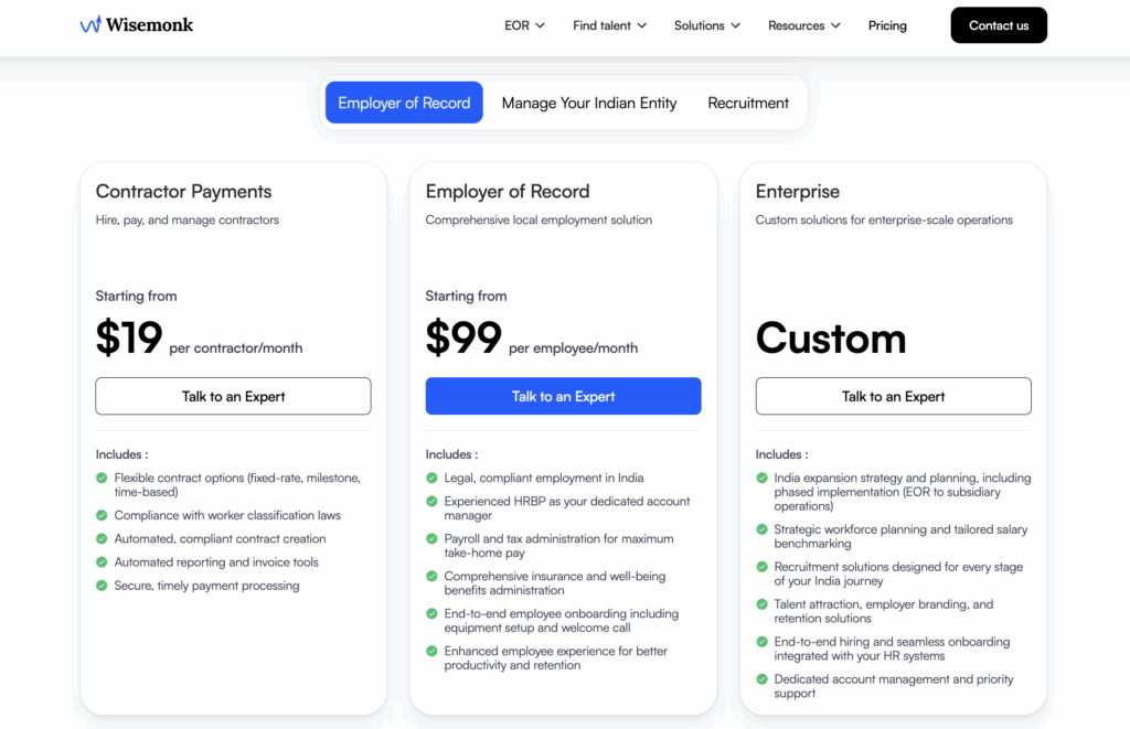 Wisemonk pricing screenshot