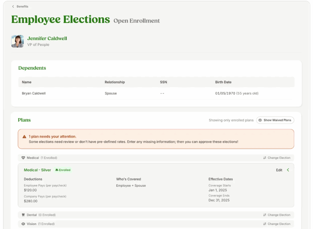 Screenshot of Bamboo HR's updated benefits function