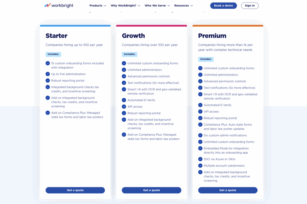 WorkBright pricing screenshot