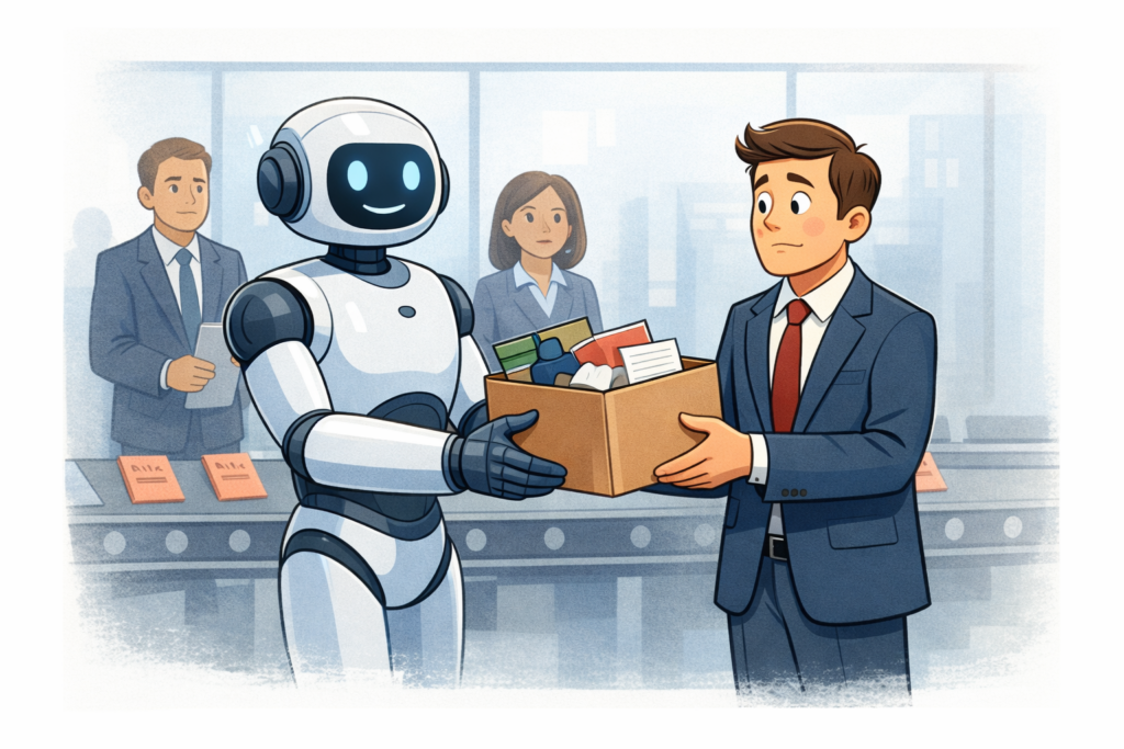 A cartoon of a robot handing someone their things as if being laid off, represents AI driven layoffs in 2025.