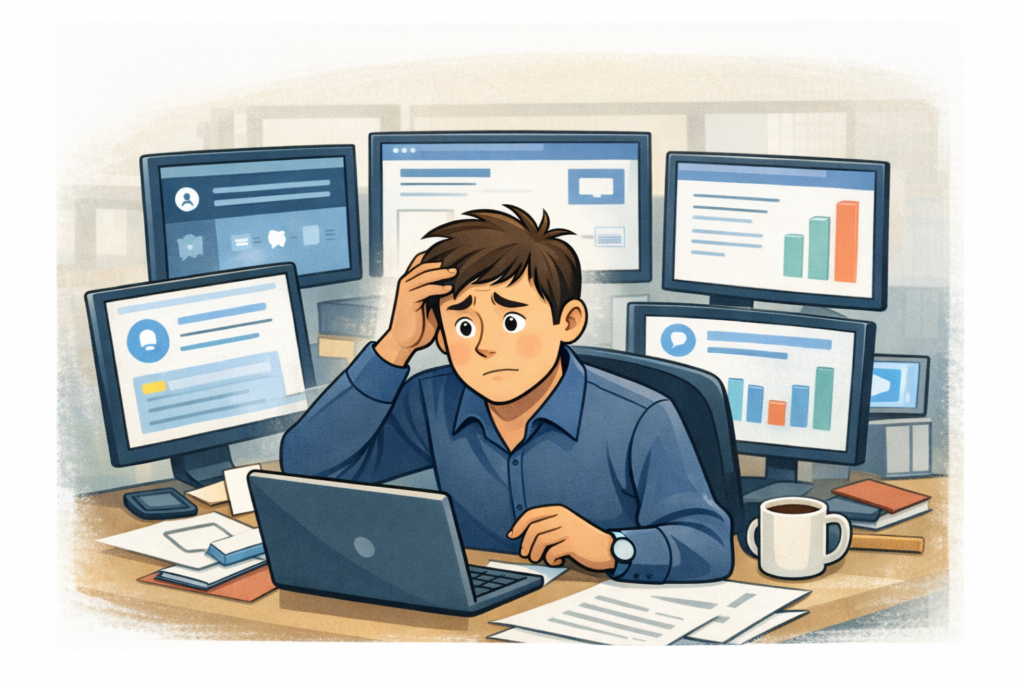 A cartoon shows a man looking confused and surrounded by what seems to be an ever growing number of computer screens to show increasing AI usage.