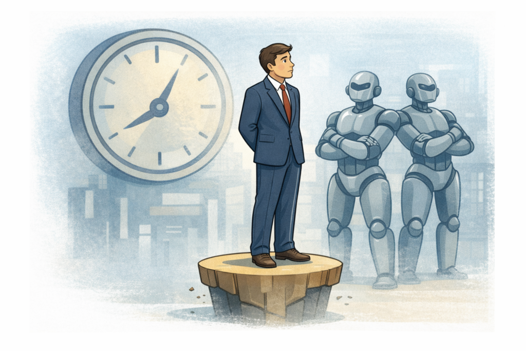 A cartoon of a man standing on a platform with a clock ticking in the background and robots watching on represents the fear of becoming obsolete in the age of AI.