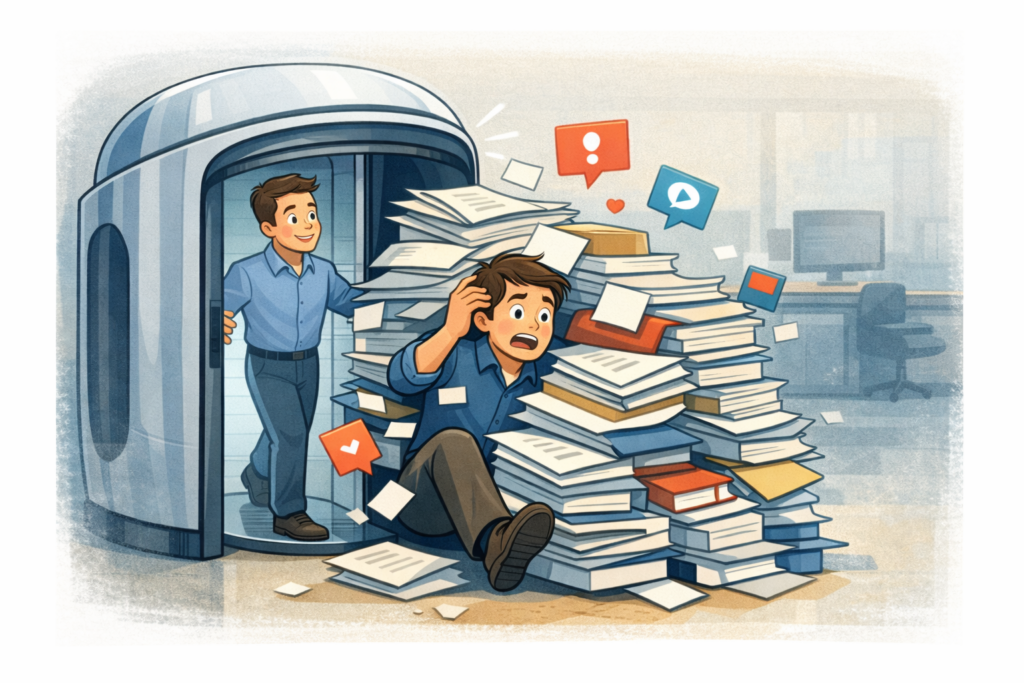 A cartoon shows one man getting off an elevator to walk into an office where other employees are buried underneath work and notifications, showing that work has increased as AI tools have been used, not decreased.