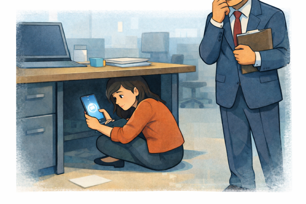 A cartoon of a woman hiding under her desk using AI represents shadow AI.