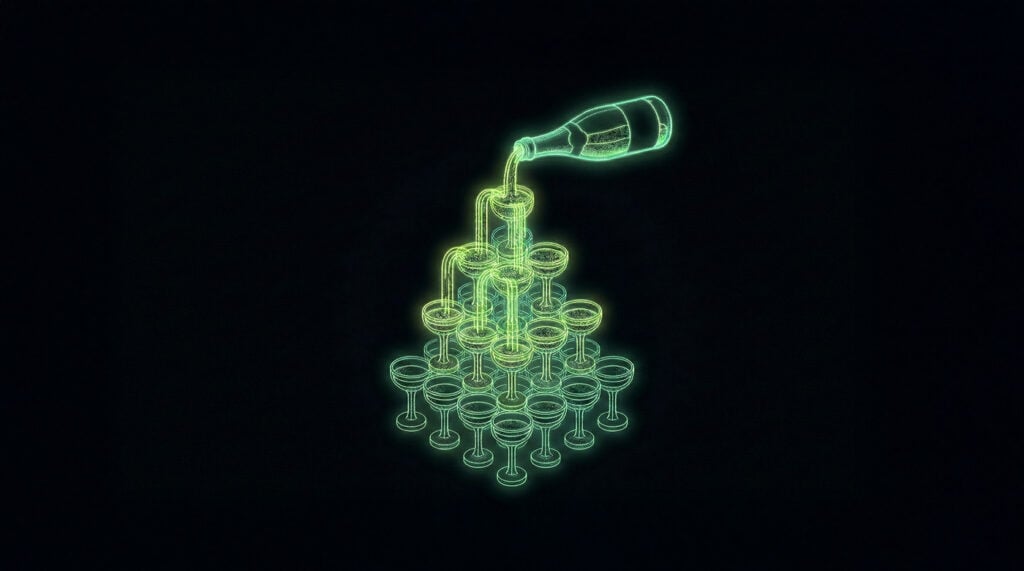 A pyramid of overflowing glasses represents fluidity.