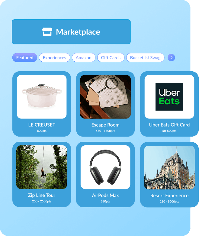 Marketplace rewards dashboard with gift cards, products, and experiences redeemable using points.