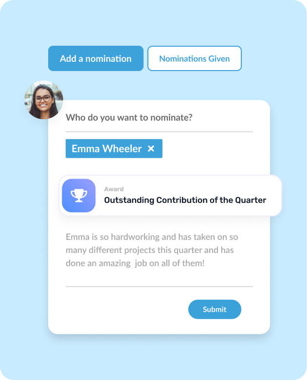 Bucketlist Rewards nomination form where an employee submits a peer award nomination.