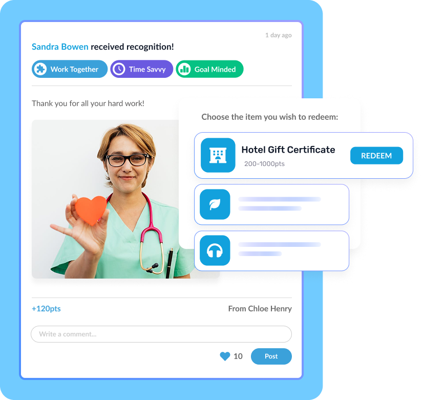 Bucketlist Rewards peer recognition post with points and reward redemption options.