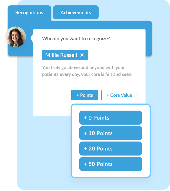 Employee recognition interface where a user awards points to a colleague for achievements.
