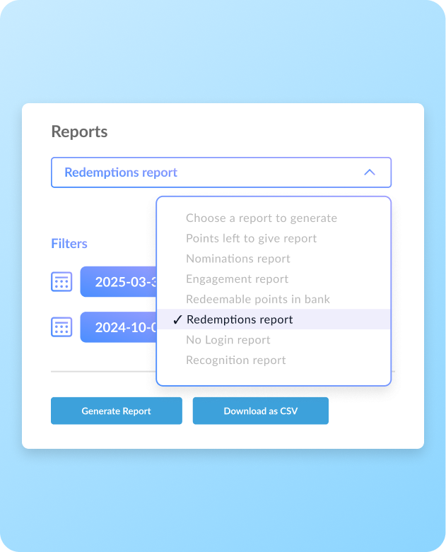 Bucketlist Rewards reports dashboard with redemption report selected and date filters.