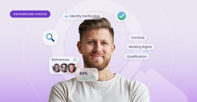 Illustration of a candidate profile with background check elements like identity verification, criminal records, qualifications, and references.
