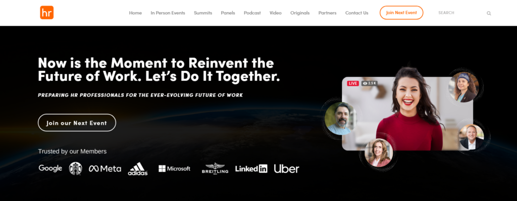 Homepage di HR Leaders che promuove eventi e conversazioni per professionisti HR