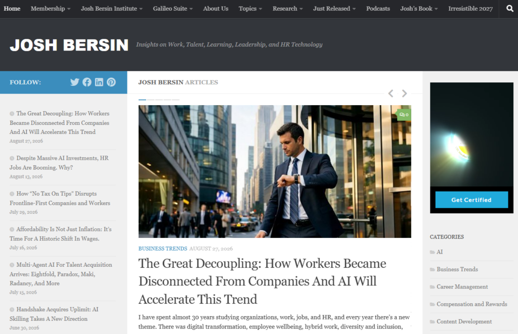 Sito di Josh Bersin con articoli sulle tendenze della forza lavoro e del business