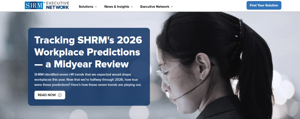 Pagina di SHRM Executive Network con una panoramica sulle previsioni per il mondo del lavoro nel 2026