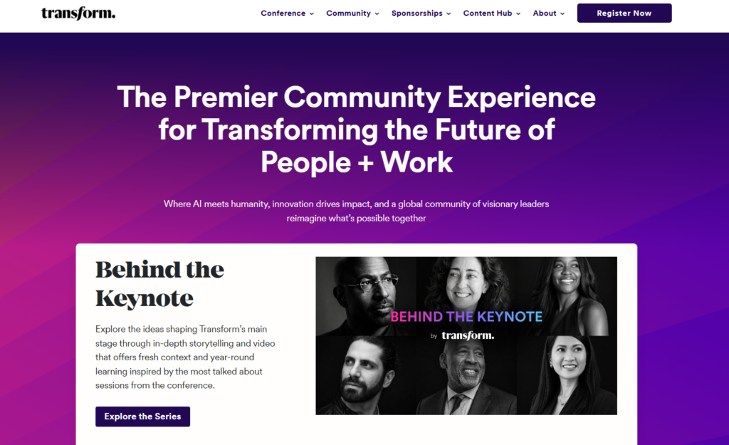 Homepage di Transform con la sua esperienza dedicata alla comunità delle persone e del lavoro
