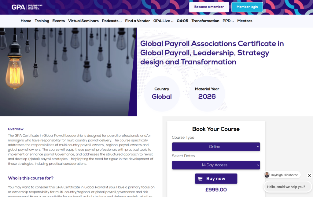 Pagina van GPA's certificaat in wereldwijde salarisadministratie, leiderschap, strategieontwerp en transformatie.