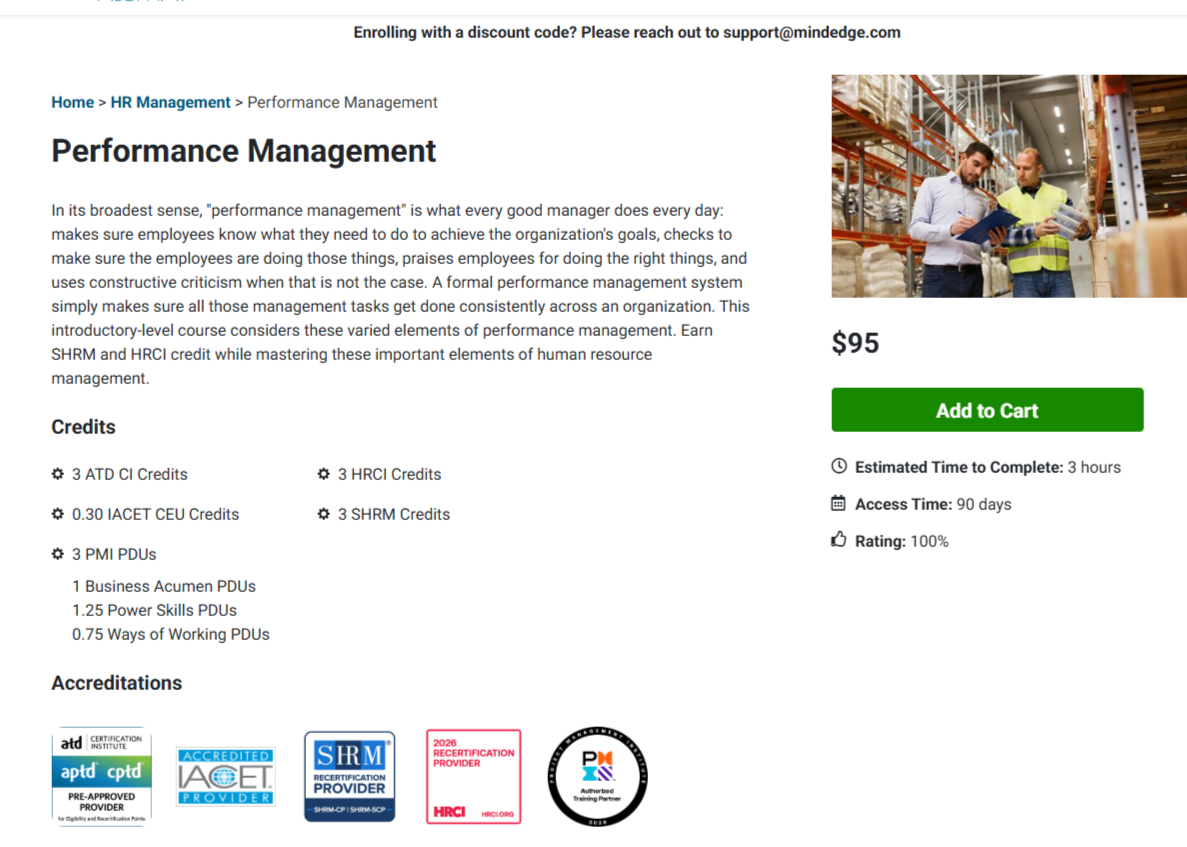 MindEdge performance management course page.
