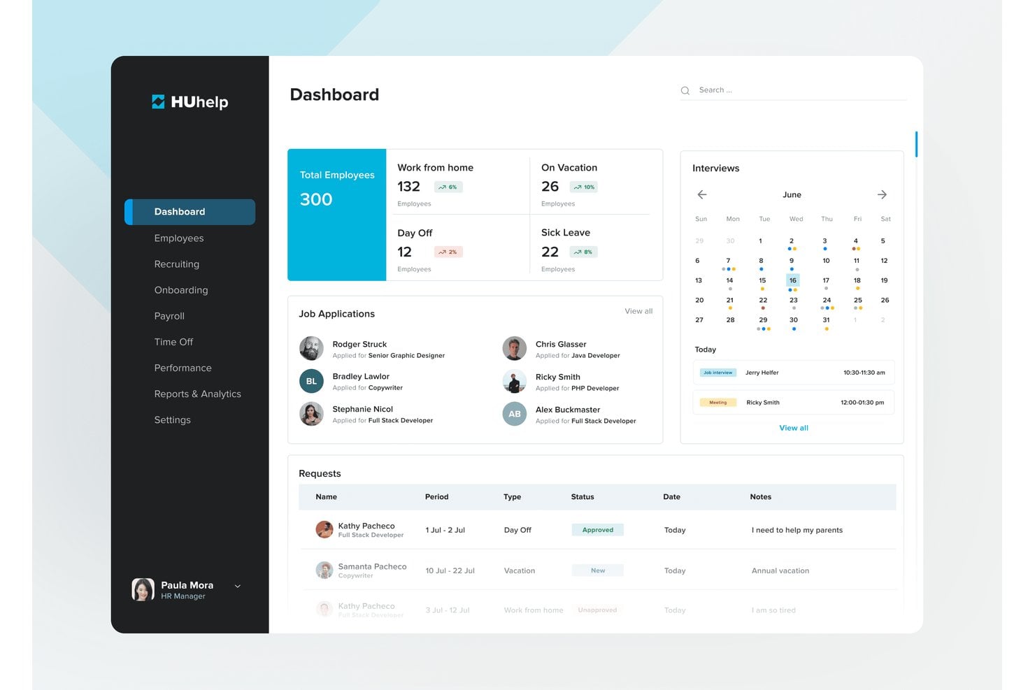 HUhelp centralizes employee status, job applications, and scheduling in one view. HUhelp HRIS dashboard showing employee stats, job applications, calendar, and requests.