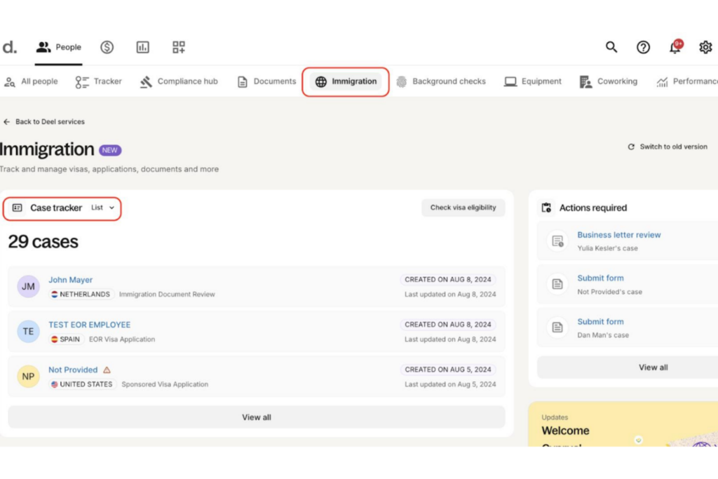 Deel-Dashboard für Einwanderung im EOR