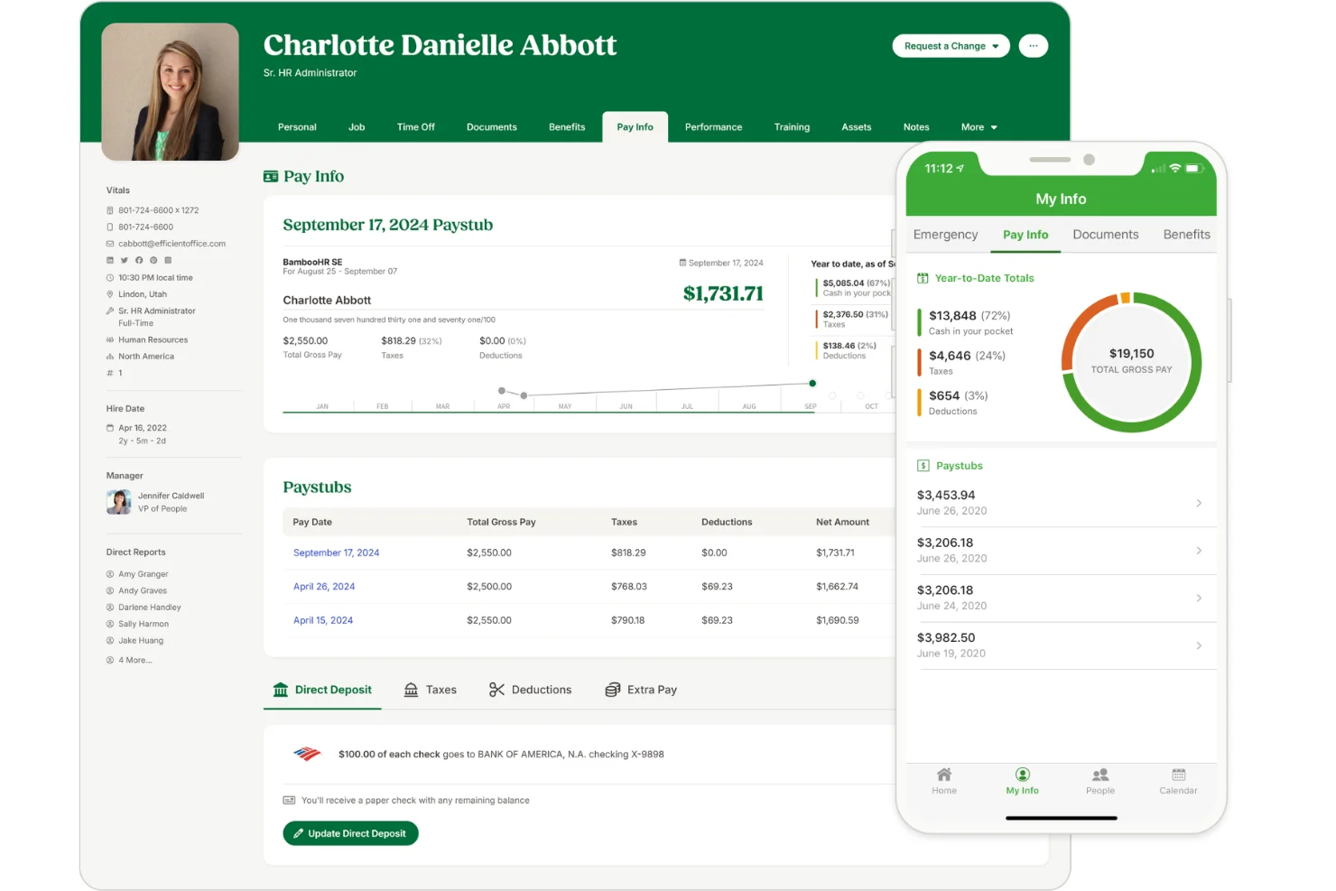15five tracks manager effectiveness, engagement, performance, and turnover in one dashboard. BambooHR HRIS showing an employee profile, pay information, paystubs, and mobile self-service payroll details.