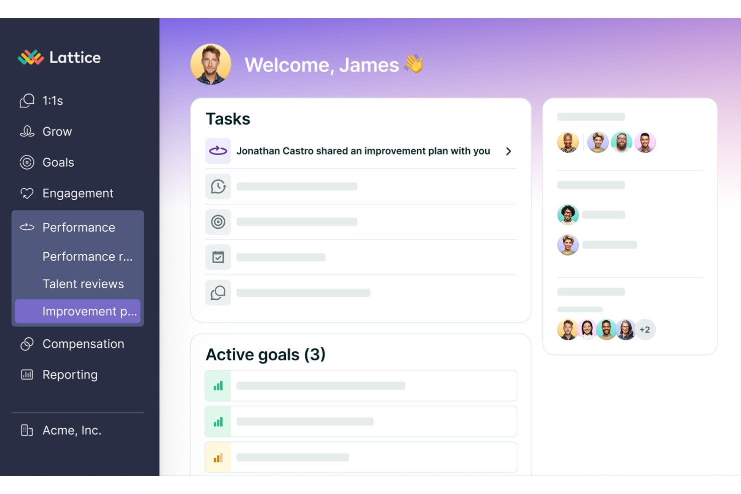 Lattice muestra los planes de mejora y los objetivos activos en el panel de inicio. Panel de Lattice que muestra tareas, objetivos activos y una notificación sobre un plan de mejora para un usuario llamado James.